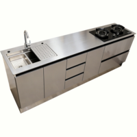 Armoire de cuisine intégrée en acier inoxydable sur mesure avec évier, cuisinière à gaz, plan de travail tout-en-un, armoire de rangement pour la maison