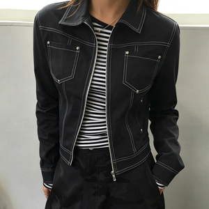 Chaqueta de mezclilla sintética negra para mujer, con cremallera, corte ajustado, estilo corto, con costuras en contraste, manga larga, estilo casual, estilo motero - Product Image 4