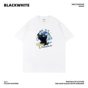 T-shirt à manches courtes imprimé chat noir artistique et étoilé, coupe classique, col rond, unisexe, en jersey de coton, été 2026 Q47 - Product Image 5