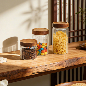 Botellas de Vidrio Transparente con Nervaduras y Tapas Herméticas de Madera de Acacia, Aptas para Lavavajillas, Frascos de Vidrio Borosilicato para Almacenamiento de Alimentos - Product Image 2
