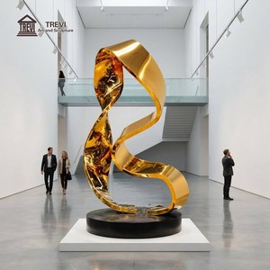 Sculpture moderne abstraite en acier inoxydable plaqué or, art métallique, décoration de hall d'hôtel, jardin, sur mesure OEM - Product Image 1