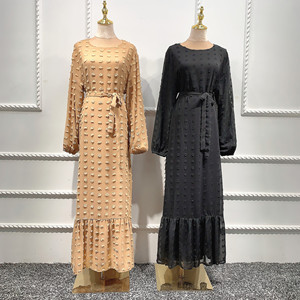 Vestido largo maxi 3D con pompones para mujer, cuello redondo, manga larga, estilo musulmán, Dubái, Turquía, Qatar, Omán, ropa árabe - Product Image 6