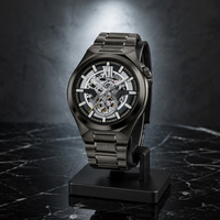 Montre squelette automatique analogique à 3 aiguilles pour homme, classique, en acier inoxydable plaqué ions noirs, résistante à l'eau, avec réserve de marche