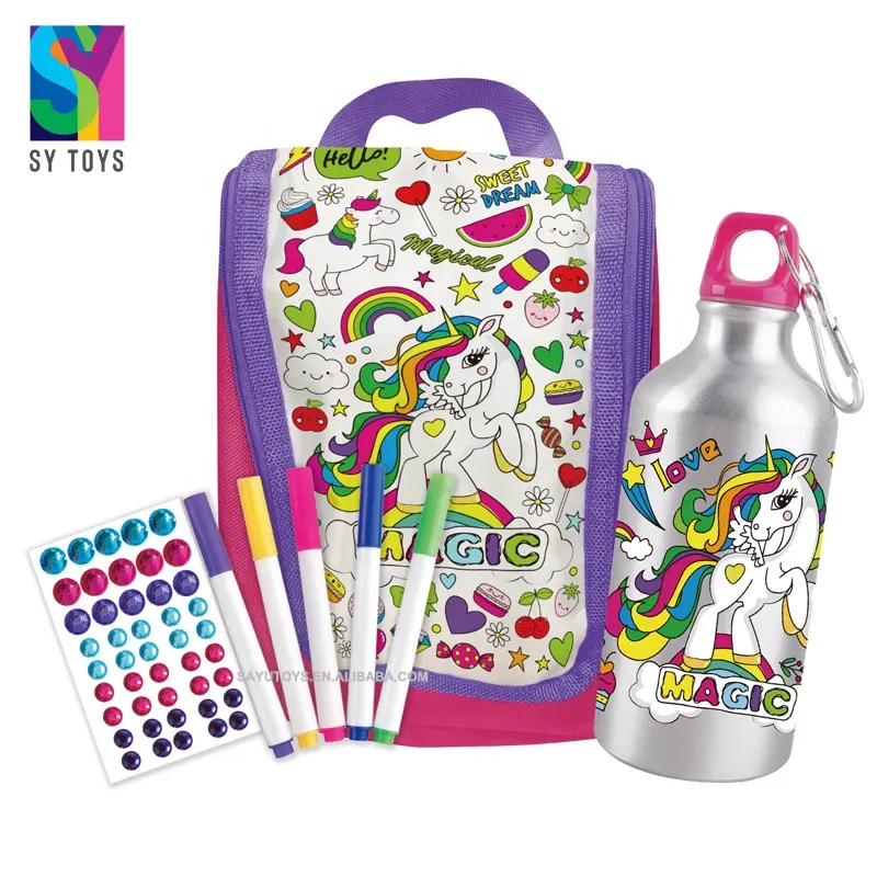 SY 2 in 1 children schoolbag diy color graffiti toys doodle water bottle for kids