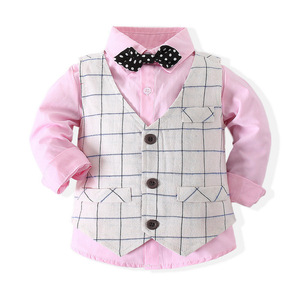 婴儿派对婚礼生日春季服装格子背心长袖衬衫裤子套装男童绅士套装特价 - Product Image 3