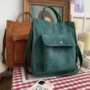 New Fashion Casual Girls Student Shoulder Corduroy Tote Bag With Outside Pocket