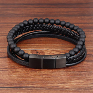 Pulsera de Cuero con Cuentas de Piedra Volcánica Natural, Pulsera de Cuero Trenzada de Varias Capas, L19129 - Product Image 1
