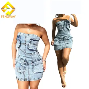 2024 New Spring Off Shoulder Strapless Dress Sexy Backless Tight Mini Dress Fashion Pocket Denim Dresses