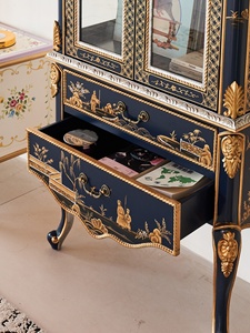 ตู้ไวน์ไม้เนื้อแข็งบานคู่สไตล์ฝรั่งเศส ตู้ข้างโต๊ะอาหารสุดหรู ตู้หนังสือสีน้ำเงินรอยัลแบบอเมริกัน ตู้เครื่องดื่ม - Product Image 5