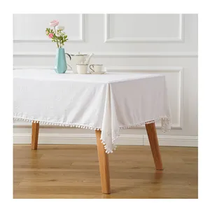 غطاء طاولة أبيض من القطن الناعم للغاية والبوليستر ومن البولي القطن غطاء طاولة زفاف كبير مع إعدادات رائعة لطاولة الطعام