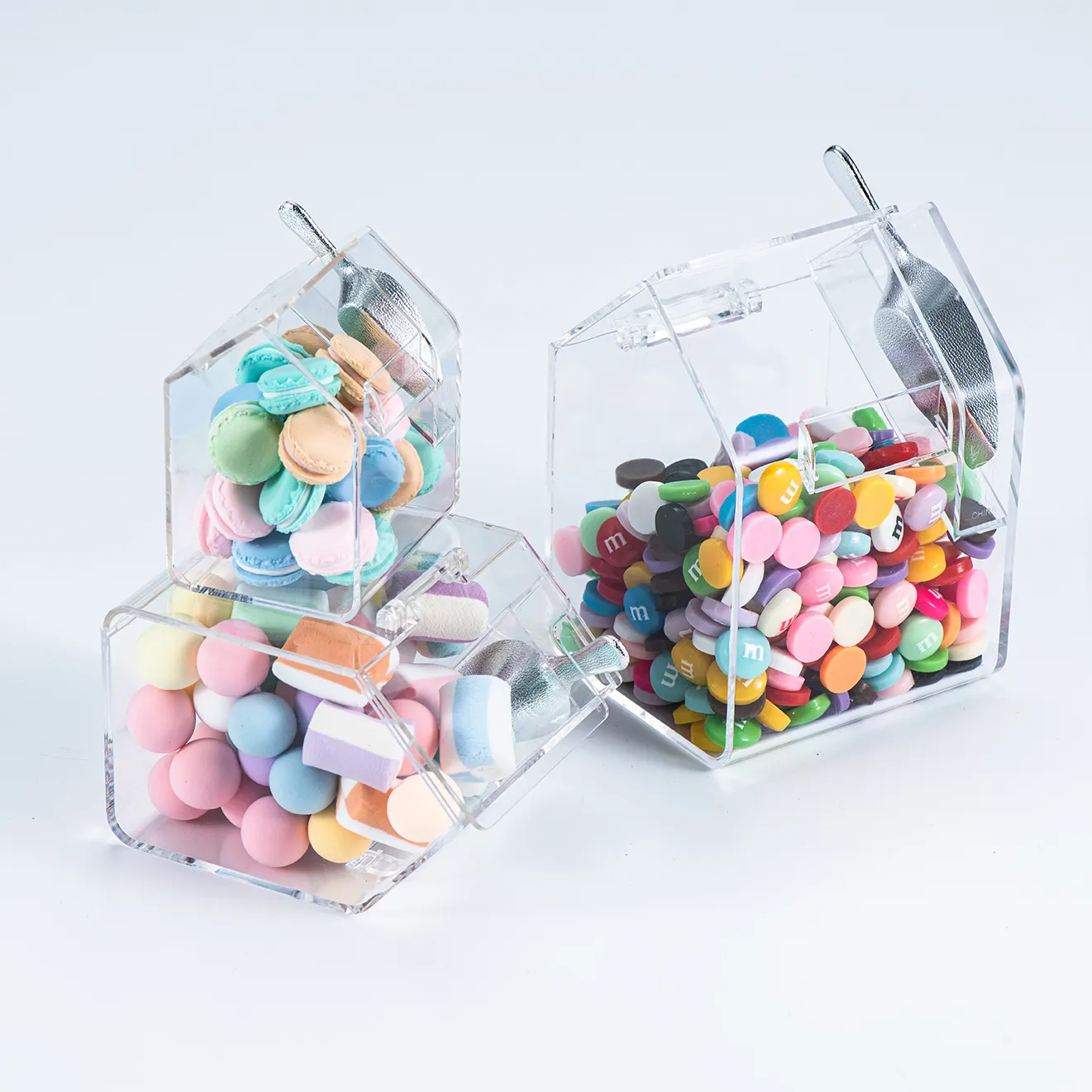 Grosir Jelas Dispenser Candy Topping Dispenser Acrylic Candy Dispenser dengan Scoop Candy Box Storage In Display Rack