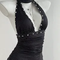 Robe à pois pour femmes, col en V, décolleté halter, taille ajustée, noire, tenue décontractée d'été