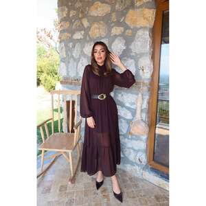 Wholesale Brown Chiffon <b>Modest</b> <b>Party</b> <b>Dress</b> XL Plus-Size Ruffles Translucent Puff Sleeves Knee-Length Viscose for Day Occasions - Product Image 4