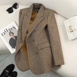 Women's Coffee Brown Wool Blazer Padded Thickened Autumn Winter Loose Fit Plus Size Suit With Buttons - Product Image 2