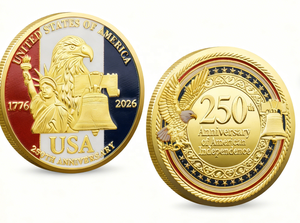 Amerikaanse herdenkingsmunt voor het 250-jarig jubileum, ontwerp met gouden Amerikaanse vlag en vrijheidsbel, Custom Metal 2026. - Product Image 4