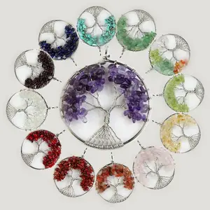 Crystal Macadam Round Pendant Amethyst Copper Wire Pendulum Tree of Life Pendant Jewelry For Women And Men
