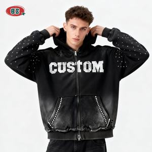 Moletom Masculino com Strass, Lavagem Ácida, Estilo Desgastado, Essencial para Streetwear, Moletom de Alta Qualidade, Oversized, com Zíper - Product Image 2