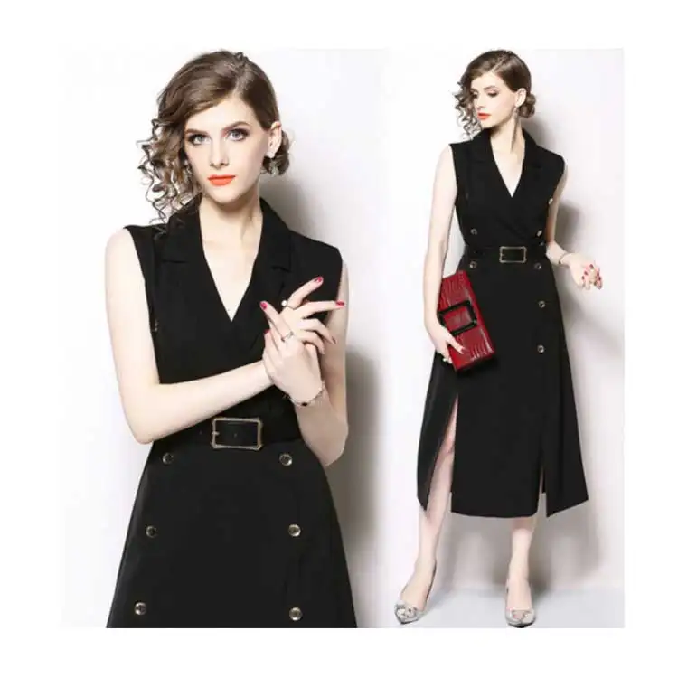 Women Black Long Casual V-Neck Office Dresses Sleeveless Career Dress