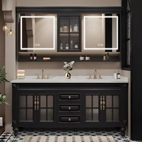 Meuble-lavabo de salle de bain de luxe sur pied en chêne massif avec double vasque en céramique et rangement