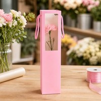 Tas Kertas Bunga Mawar Tunggal dengan Jendela Transparan, Tas Hadiah Pink dengan Pegangan Tali, Dapat Dilipat, untuk Pengantaran Pernikahan, Toko Bunga, dan Ritel