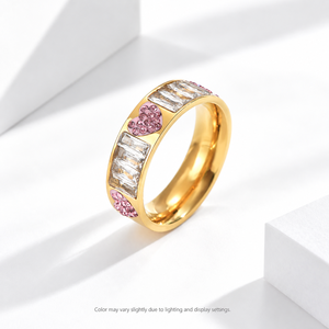 แหวนวงแหวนรูปหัวใจสีชมพูประดับเพชรซิคอน สแตนเลสสตีล ชุบทอง 14K แบบสุญญากาศ แหวนเรขาคณิตใส เครื่องประดับ - Product Image 1