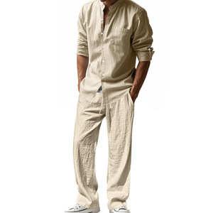 Completo da uomo in lino: camicia e pantaloni, 95% lino 5% poliestere, lavaggio effetto sabbia, anti-piega, a maniche lunghe, casual, per la spiaggia - Product Image 4