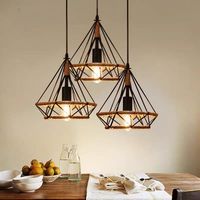 Lampe suspendue créative moderne en forme d'hexagone, cage en fer, luminaire de plafond en corde de chanvre, lustre à intensité variable pour salle à manger et salon