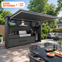 Cuisine extérieure professionnelle avec toit relevable et barbecue à gaz intégré, cuisine de jardin extérieure durable pour les fêtes