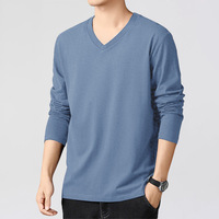 T-shirt en coton épais 250g pour hommes, haut à manches longues et col en V, couleur unie, décontracté, design vierge, chemise de fond, vente en gros