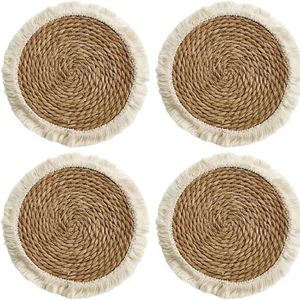 Alfombrilla Aislante de Arcilla Hecha a Mano Estilo Japonés, Elegante Tapete Antideslizante de Lino y Paja con Encaje para Bodas - Product Image 4