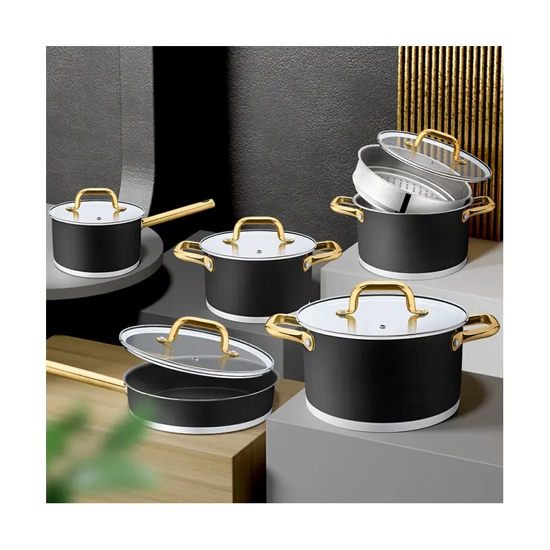 Antihaft-Kochtöpfe und Töpfe Edelstahl-Dampf garer Sauce Pan Auflauf Kochgeschirr-Set mit vergoldetem Griff