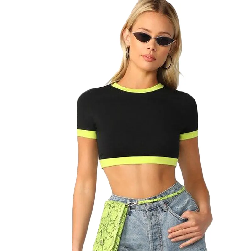 Классные летние винтажные модные неоновые ребра укороченные топы облегающие Женские футболки Ringer