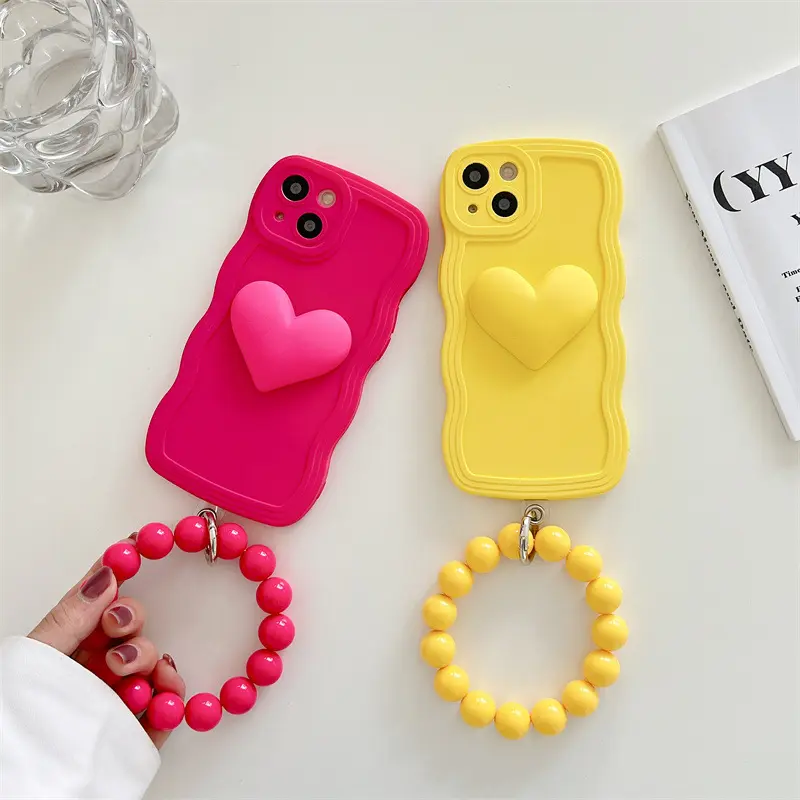 Girl Wave Edge 3d Love Mobiele Case Met Kralenarmband Voor Iphone 14 Pro Cover Telefoonhoes Luxe