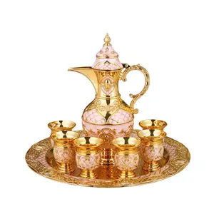 Qian hu conjunto de chá de café, conjunto vintage de decoração para casa, café turco, xícaras de café, 6 incluindo bandeja e chaleira, inset com pedras de cristal