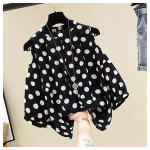 Blus Wanita Bergaya Abadi dengan Motif Polka Dot, Model Cold Shoulder, dan Kerah Mock Neck Oversized - Product Image 3