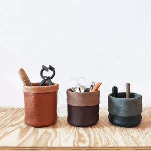 Creative desktop office supplies pen <b>holder</b>, top-grain cowhide leather, Instagram-style <b>makeup</b> brush storage box, student - Product Image 1
