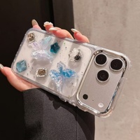 Coque de téléphone transparente en résine 3D avec fleurs de rose et papillons en cristal pour iPhone 11 12 13 17 18 Pro Max, dos transparent en époxy