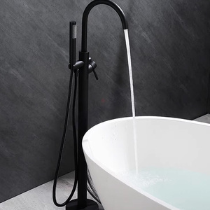 Sistema de ducha independiente de latón negro mate con grifería de cerámica para suelo, mezclador de bañera, grifo, barra deslizante, 1 manija y rociador suave - Product Image 3