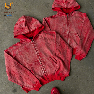 Hoodies personnalisés avec logo du fabricant, style vintage délavé à l'acide, zippés, courts, vierges, avec strass, effet usé, en molleton épais French Terry - Product Image 1