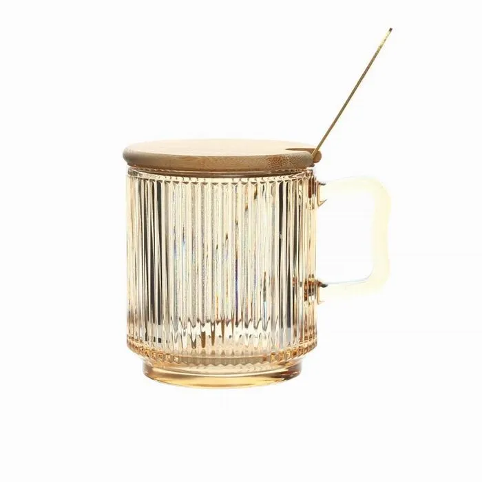 Caneca de vidro estilo Ins 340ml /11oz, caneca de café com colher e tampa, copo de vidro transparente com listras verticais, ideal para venda no atacado