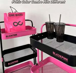 Chariot utilitaire moderne robuste à 3 niveaux en maille, avec roulettes pivotantes à 360°, rose Kpop et noir, chariot de rangement polyvalent, le plus vendu - Product Image 6