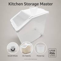Conteneur à riz en plastique Yunuoxi 31L avec roulettes, couvercle blanc, grand bac de rangement transparent pour farine avec tasse graduée, vente en gros usine