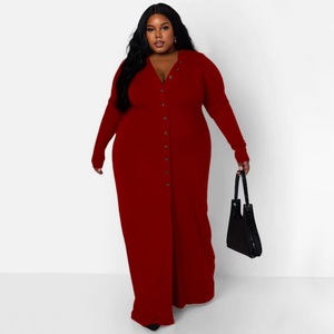 Robes Longues Décontractées pour Femmes Grande Taille Automne Hiver 2025 – Robe Maxi Côtelée à Col en V et Boutonnage Simple - Product Image 2