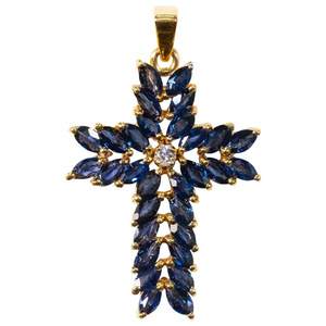 Colgante de cruz en oro amarillo con zafiro azul y diamante, joyería religiosa para mujer - Product Image 1