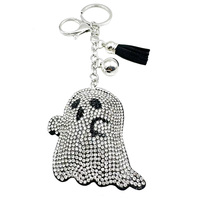 Porte-clés d'Halloween en strass avec fermoir mousqueton, chaîne à maillons, clochette et breloques à pompon noir pour sac à main