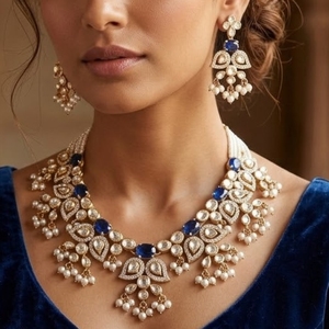 Ensemble de collier avec pendentif en argent 925 pour femmes, pierres bleues, perles blanches, travail Kundan, bijoux de mariage indiens traditionnels, ensemble cadeau - Product Image 6