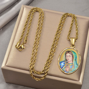 oval printed medallion praying virgin personalized stainless steel bulk fine jewelry twist <b>rope</b> necklace pendant - Product Image 5