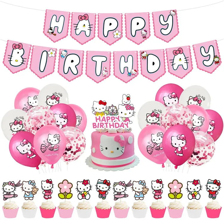 Alta qualidade gato tema aniversário festa decoração rosa feliz aniversário banner gato impresso cor misturada látex balões bolo topper