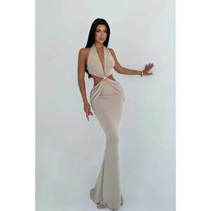 Robe longue beige simple à taille empire, coupe trapèze, avec coutures, ornée de perles et de diamants, taille XL, en coton et polyester, pour mariage printanier, imprimée - Product Image 3