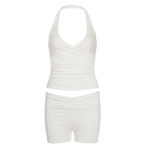 Ensemble de sport décontracté pour femme avec débardeur à dos croisé et soutien-gorge de sport à col en V en tricot pour shorts - Vente en gros - Product Image 6